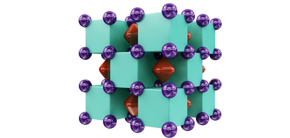 Кристаллическая структура Na2He, напоминающая трёхмерную шахматную доску. Пурпурные шары показывают атомы натрия, а внутри зелёных кубов находятся атомы гелия. Красные области внутри пустот показывают области, в которых локализованы электронные пары. Иллюстрация любезно предоставлена Артёмом Огановым.